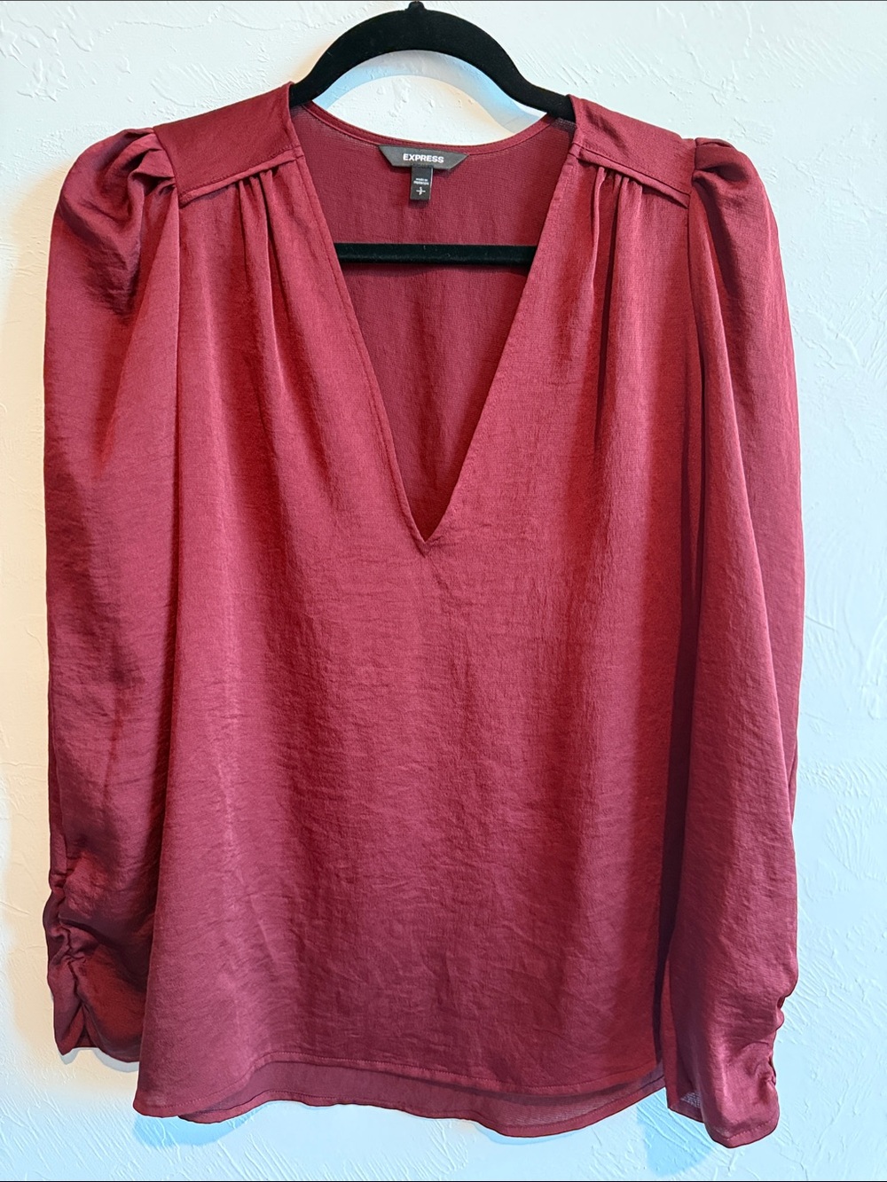 Express Maroon V-Neck Long Sleeve Blouse